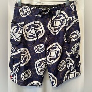 Maui Built Size 30x11 Board Shorts Blue White Print Swim Surf Trunks Aloha